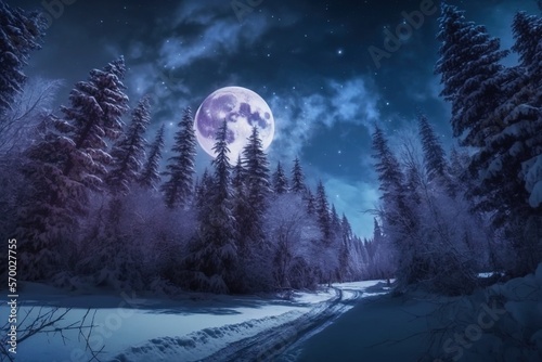 Beautiful snow-covered forest at night, fir trees, pines, it's snowing. Mountains and the moon. © Marat
