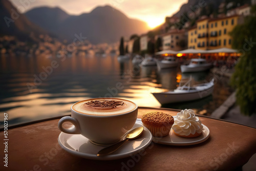 Tableau sur toile Cup of coffee and delicious dessert on blurred background of Italian lake