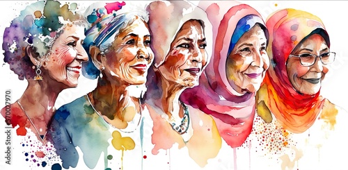 group of successful eldery women, portrait, age diversity, wisdom, concept, multicultural, people art, watercolor illustration. Generative AI