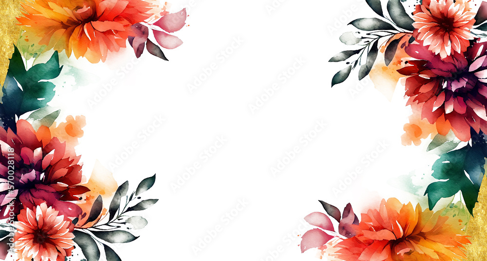 A beautiful Frame Decorated with bright color Watercolor Flowers. Elegant Rectangle Design with copy-space. Generative AI.