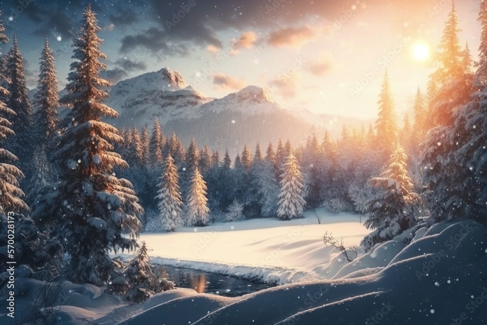 Beautiful snow-covered forest day fir trees, pines, it's snowing. Mountains and the sun. Beautiful snow-covered forest day fir trees, pines, it's snowing. Mountains and the sun.
