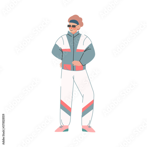 Teenage boy in 80s fashionable street style outfit. Guy in sportswear of 80s cartoon vector illustration