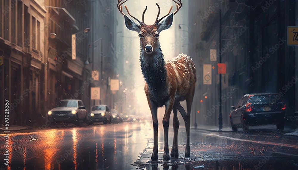 a deer standing in the middle of a city street in the middle of the ...