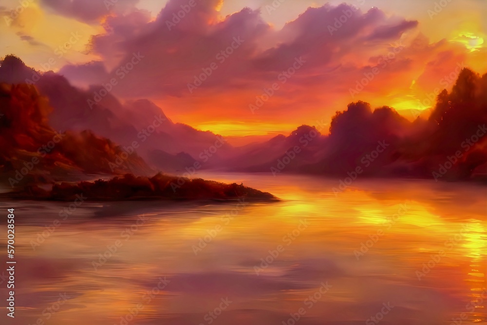 Sunset over the river with mountain horizon