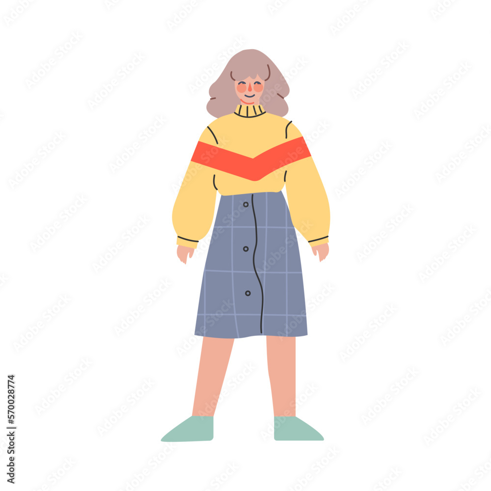 Beautiful girl in 80s fashionable street style outfit. Young woman in trendy clothing and hairstyle of 80s cartoon vector illustration