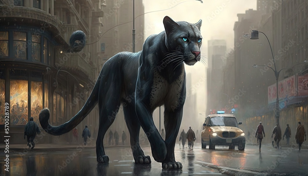 a black cat walking across a street next to a car and a cop car on a ...