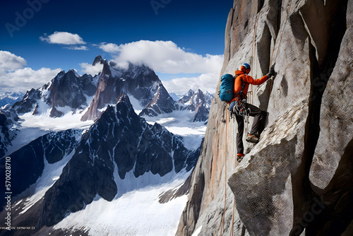 Rock climber in winter clothing climbs a steep rocky wall against the backdrop of winter mountains in sunny frosty weather. Generative AI