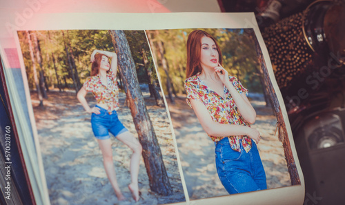 Illustration of photo album. Concept of photos, creative hobby. Collage, details of albums