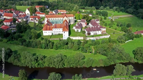 Vltava river and former Cistercian Monastery Holy Crown of Thorns Sancta Spinea Corona in Zlata Koruna (Golden Crown) in Southern Bohemia. Monastery was founded in 1263. Czech Republic photo