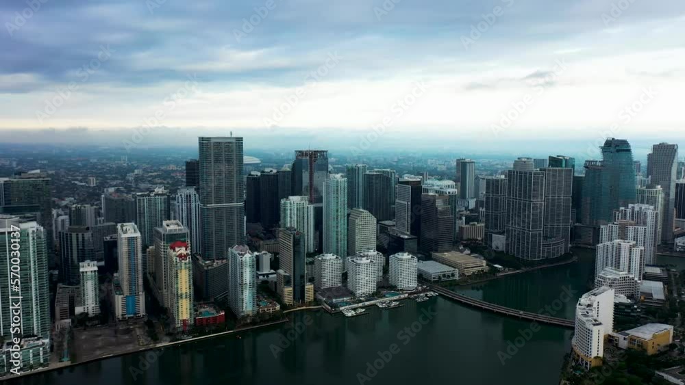 Aerial view of Miami downtown skyline with skyscrapers along the bay, Florida, United States. Aerial view of Miami downtown skyline with skyscrapers along the bay, Florida, United States.