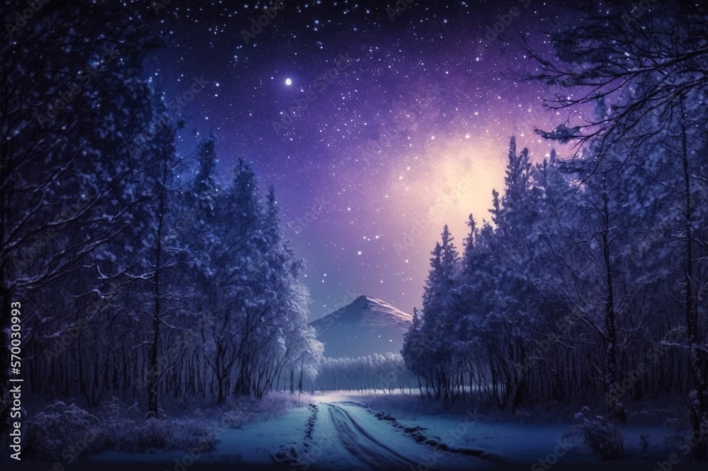 Beautiful snow-covered forest at night, fir trees, pines, it's snowing. Mountains and the moon.