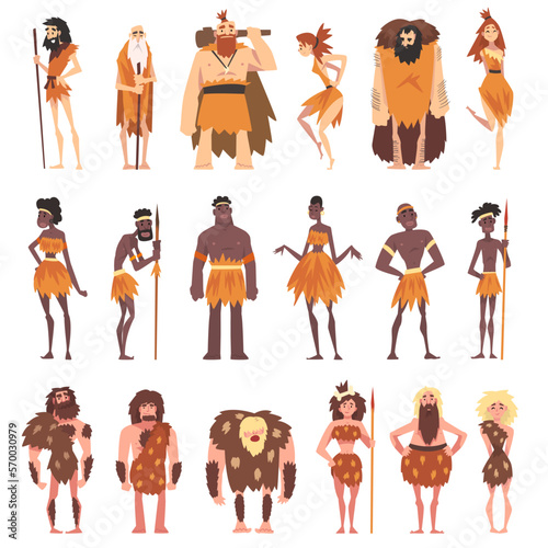 African Aboriginal Man and Woman and Caveman Dressed in Traditional Tribal Clothing Vector Set