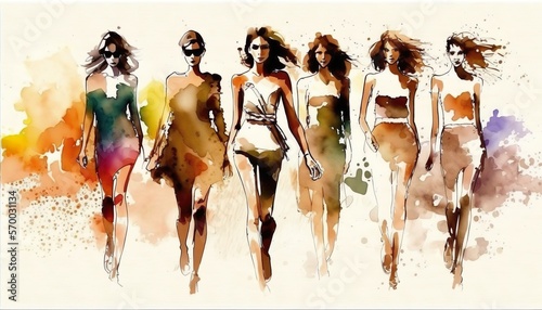 summer female fashion show, young woman on a catwalk, people art, watercolor painting, isolated on white background. Generative AI