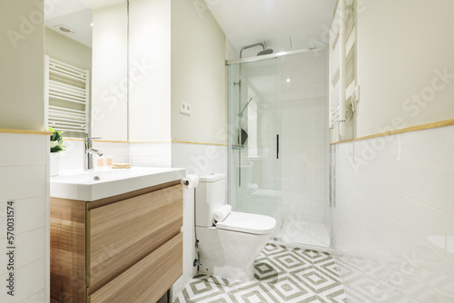 Newly renovated bathroom with small wooden cabinet with drawers and white porcelain sink  shower cabin with glass screen  mirror integrated into the wall and decorative plant