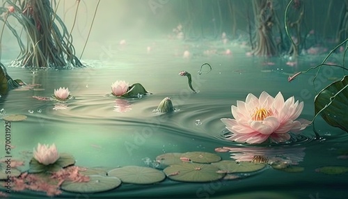  a painting of water lilies in a pond with lily pads and reeds in the water, with a green background and a pink flower in the middle of the water.  generative ai photo