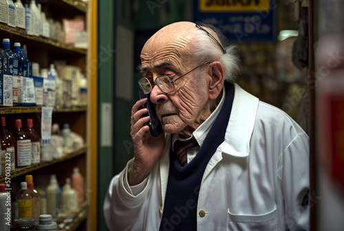 an old man is an pharmacist and is talking on his phone in front of an old shelf full of medicines and medicine bottles. Generative AI