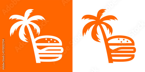Logo Hawaii burger. Restaurante hawaiano. Icono aislado lineal de la palma con hamburguesa con queso
