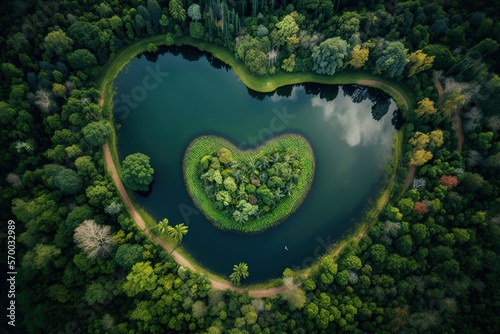 Heart shaped lake with green trees view from above AI generated