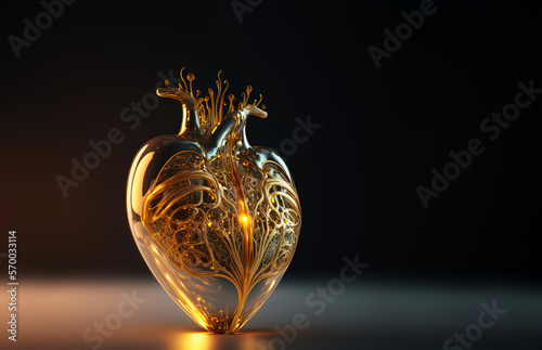 Transparent glass Human heart with sparkles and golden vessels inside, love and emotion concept, dreamy heart, on a black background. Illustration. AI Generative.
