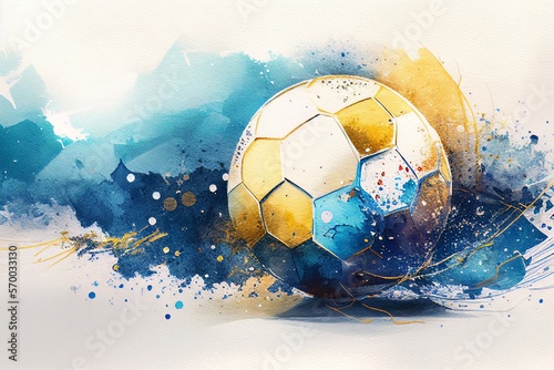 Naklejka  watercolor drawing of a soccer ball on paper with blue and gold paints Generative AI