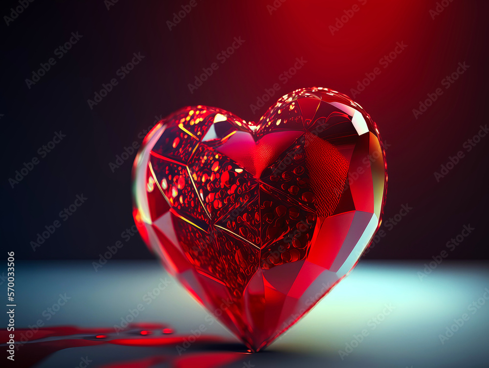 Glass red heart with sequins inside, love and emotion concept, dreamy heart, on a peach background. Illustration. AI Generative.
