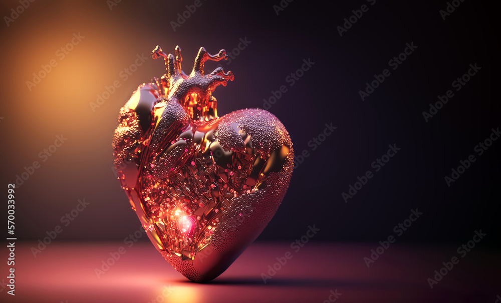 Pink textured metal Human heart with pink glow inside, love and emotion concept, dreamy heart, on a peach and purple gradient background. Illustration. AI Generative. Pink textured metal Human heart with pink glow inside, love and emotion concept, dreamy heart, on a peach and purple gradient background. Illustration. AI Generative.