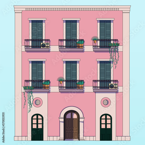 facade of a large house from Italy, large balconies and doors, vector illustration, pink color