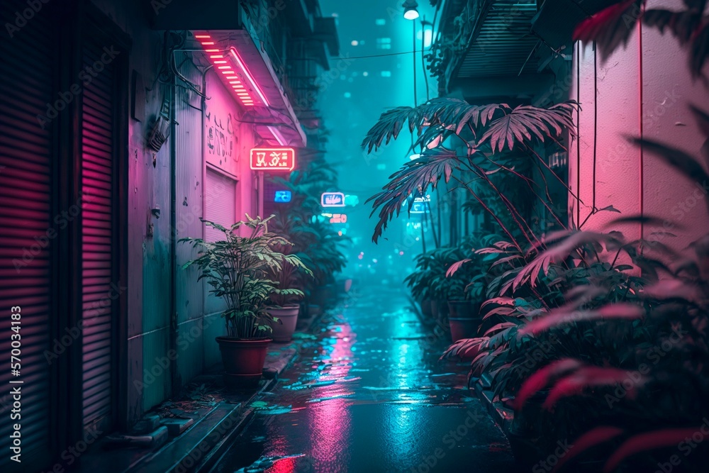 Blue Night city lights. Neon urban future. Rainy Futuristic city in a ...