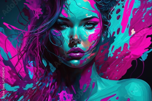 attractive young artist painted in turquoise and fuchsia  abstract body art that is artistic and vibrant painting. Generative AI