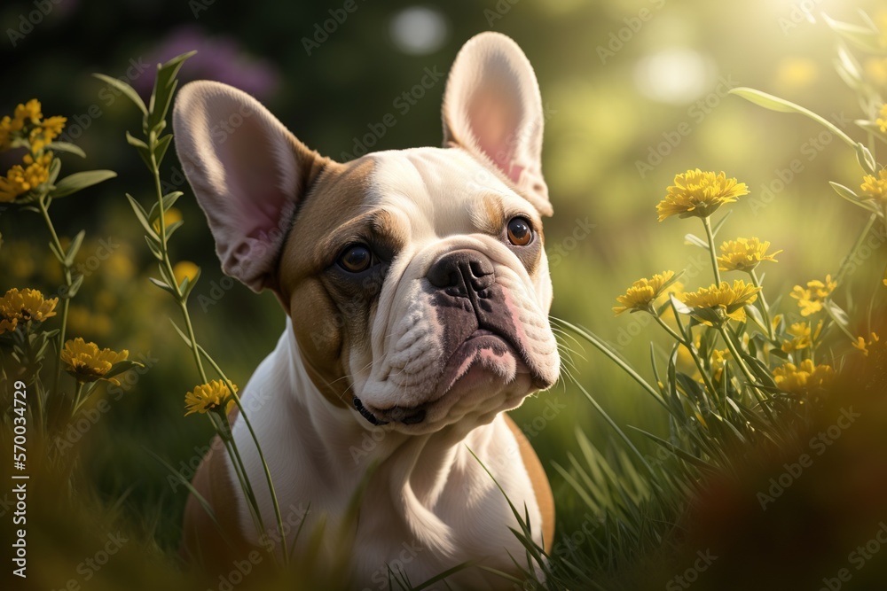 A French Bulldog relaxing in a park, surrounded by a profusion of brightly colored flowers and lush green grass, with a sunbeam in the background. Generative AI.
