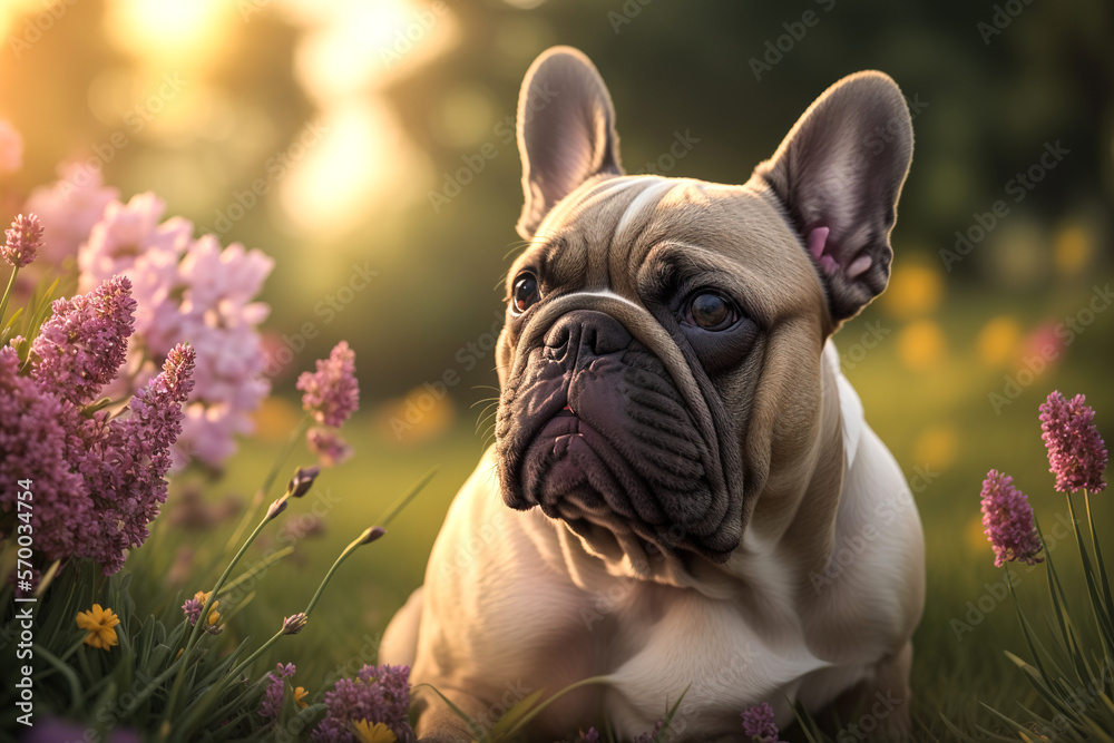 A French Bulldog relaxing in a park, surrounded by a profusion of brightly colored flowers and lush green grass, with a sunbeam in the background. Generative AI.