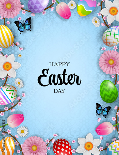 easter poster with flowers and colorful eggs. happy easter background