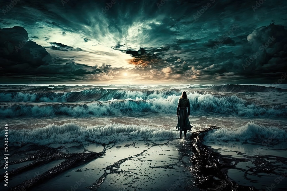 beautiful seascape in black cloud storm with a man at shore, Generative Ai - obrazy, fototapety, plakaty 
