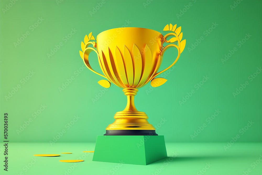 Yellow trophy on green background with copy space. Generative IA Yellow trophy on green background with copy space. Generative IA