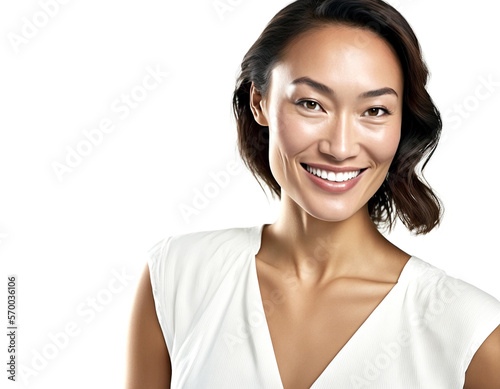 woman in white shirt smiling. Closeup portrait. Generative AI