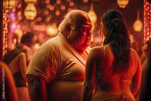 fictitious red light district with slightly fat older man looking eagerly at prostitutes bodies, sex tourism, street with nightclubs or strip clubs, asian looking ladies. Generative AI