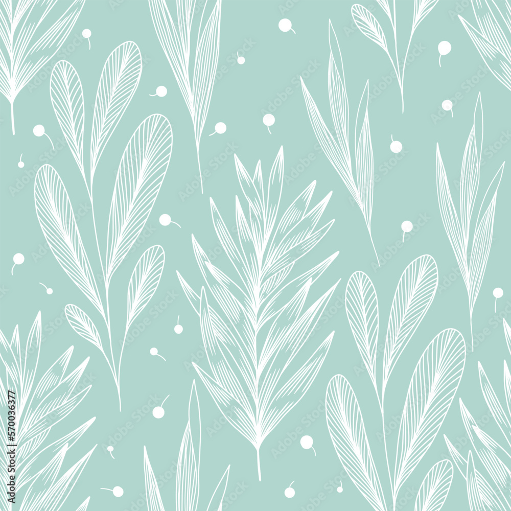 Seamless spring linear botanical pattern. Outline illustration with different leaves and berries on blue green background. Branches with veined leaves. Tropical plants, fern, palm leaf