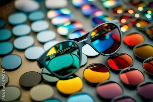 Assortment of different multicolored lenses for eyewear, fashion trendy sunglasses with changeable lenses lying on table in professional optical shop. Optician technician and eyesight conGenerative AI photo