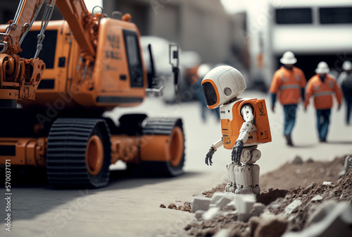 a cute little construction site robot, humanoid android with artificial intelligence for autonomous action,. Generative AI