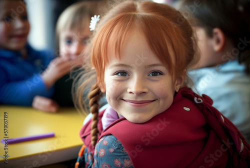 a happy smiling toddler, kid in elementary school or kindergarten. Generative AI