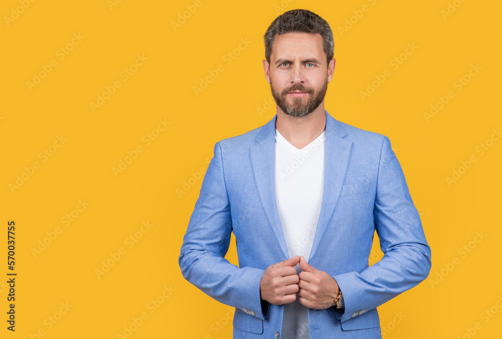 businessman in studio banner. photo of handsome businessman wear suit. businessman