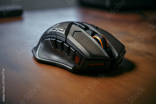 Professional gaming mouse. Gamer mouse on a wooden table, with several buttons for configuring actions at game time. Wireless computer mouse in black or gray, no cable
