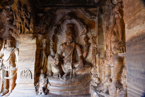 Cave 3 in Badami cave complex showing Maha Vishnu seated on Sheshanaga photo