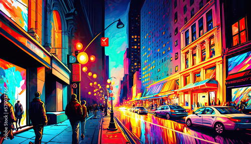 vibrant city street at night. Generative AI image.