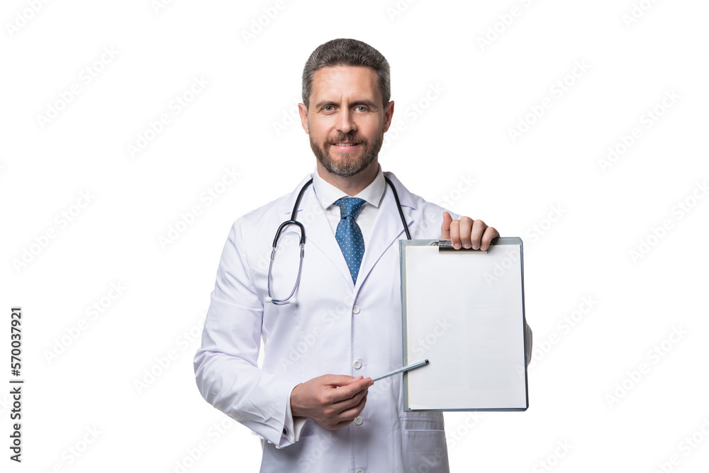 happy doctor presenting clipboard. doctor isolated on white. doctor hold medical record happy doctor presenting clipboard. doctor isolated on white. doctor hold medical record