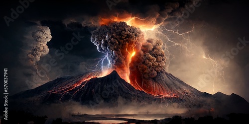 Vulkanausbruch mit Auswurf glühender Lava und pyroklastische Wolke, ai generativ