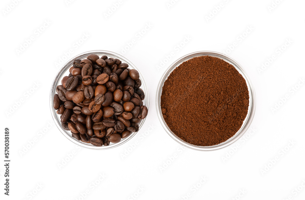 Bowl of ground coffee and beans isolated on a white background.