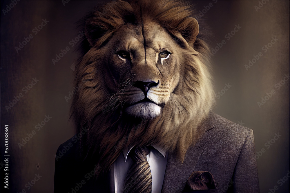Portrait of lion dressed in formal business suit with tie and jacket. Humanized lion's portrait. High quality ai generated illustration. Portrait of lion dressed in formal business suit with tie and jacket. Humanized lion's portrait. High quality ai generated illustration.