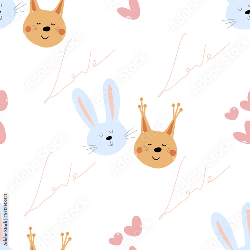 Seamless pattern with cute animals faces and childhood symbols. Childish print for nursery in a Scandinavian style for baby clothes, interior, packaging. Vector cartoon illustration in pastel colors.