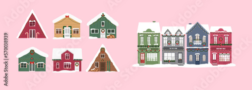 Cute houses. Christmas decoration. Outdoor. Winter wooden house. Vector © yabluko_draws